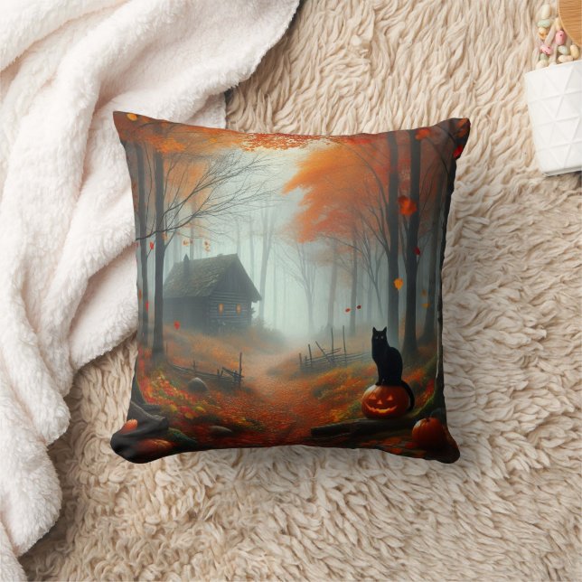 Halloween/Fall/Autumn/pumpkin/cat  Throw Pillow (Blanket)