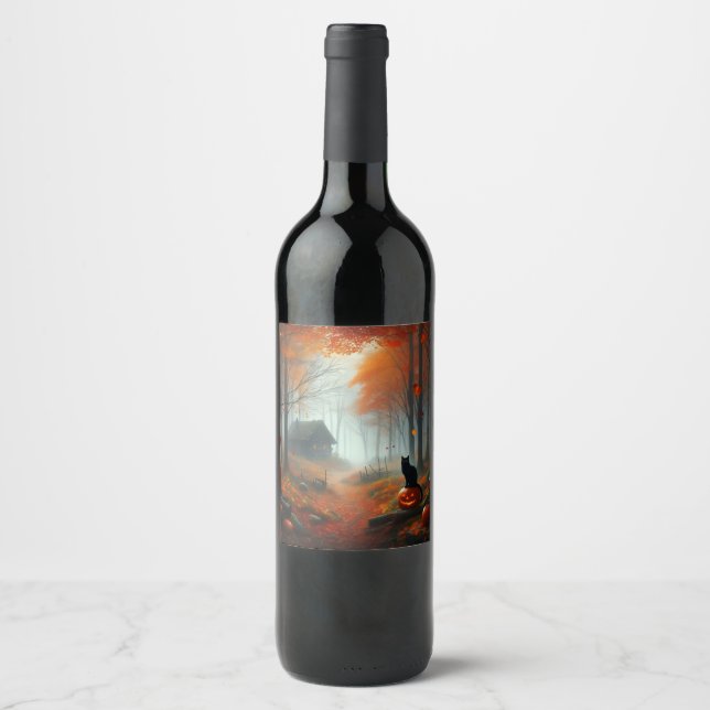 Halloween/Fall/Autumn/pumpkin/cat  Wine Label (Front)