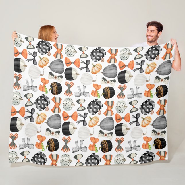 Halloween fall bow watercolor pattern pumpkin Pick Fleece Blanket (In Situ)