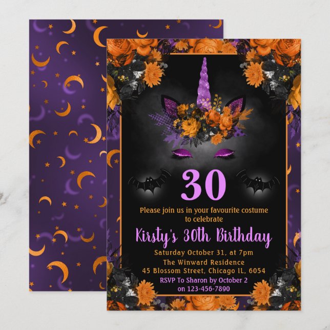 Halloween Fall Floral Unicorn Face Birthday Invitation (Front/Back)