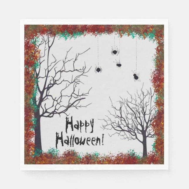 Halloween Fall Leaves Spooky Trees Spiders Party Napkin (Front)