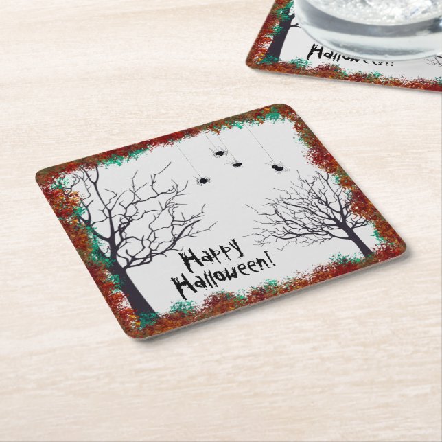 Halloween Fall Leaves Spooky Trees Spiders Square Paper Coaster (Angled)