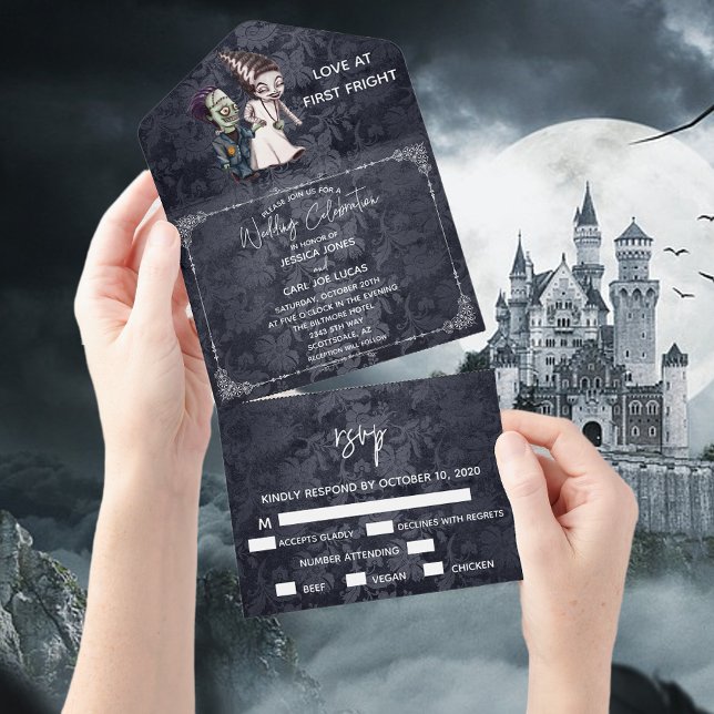 Halloween Fall October Frankenstein Bride Couple All In One Invitation (Creator Uploaded)