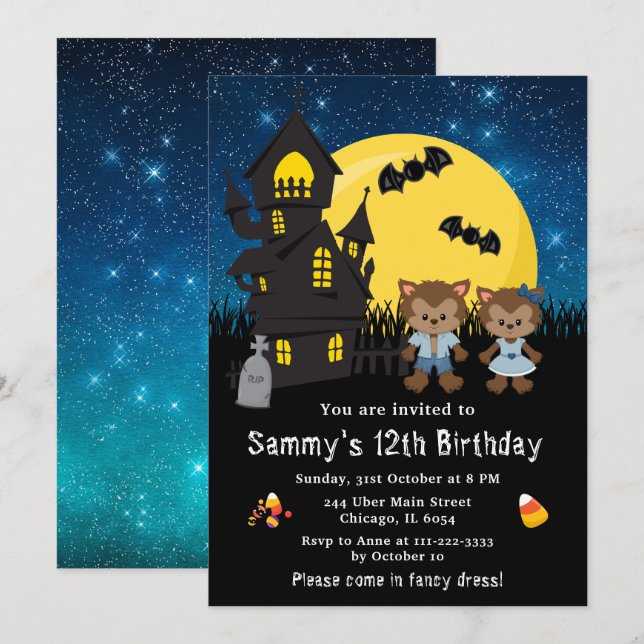 Halloween Fancy Dress Birthday Werewolf Blue Invitation (Front/Back)