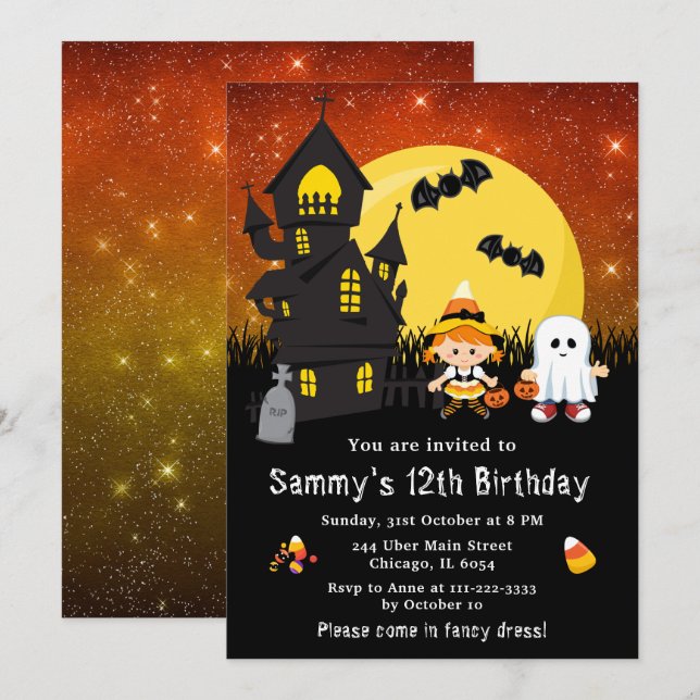 Halloween Fancy Dress Birthday Witch Ghost Orange Invitation (Front/Back)