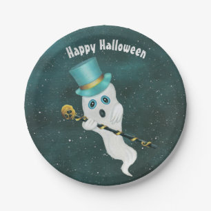 Halloween Fancy Ghost in Night Sky Gold Skull Cane Paper Plate