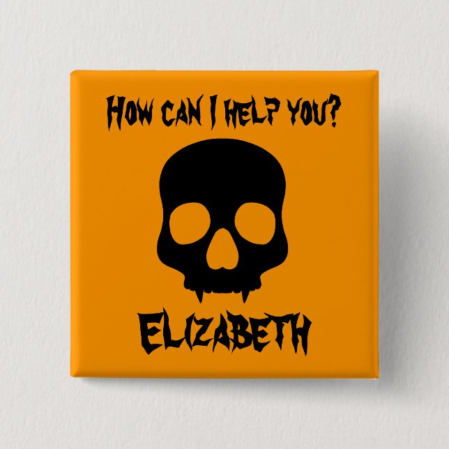 Halloween fanged skull 2 inch square button (Front)