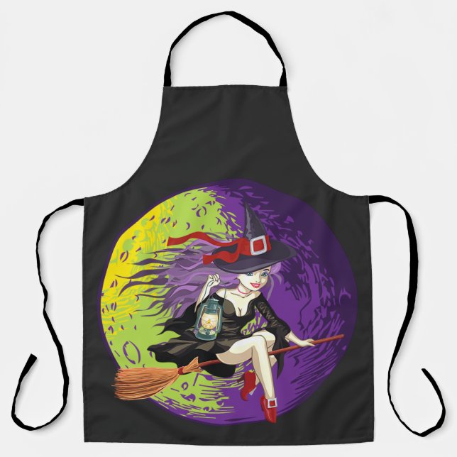 Halloween Fantasy Beautiful Witch Riding Broom Apron (Front)