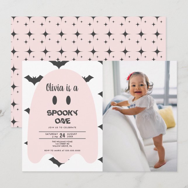 Halloween Fantôme rose 1er Anniversaire Invitation (Devant / Derrière)