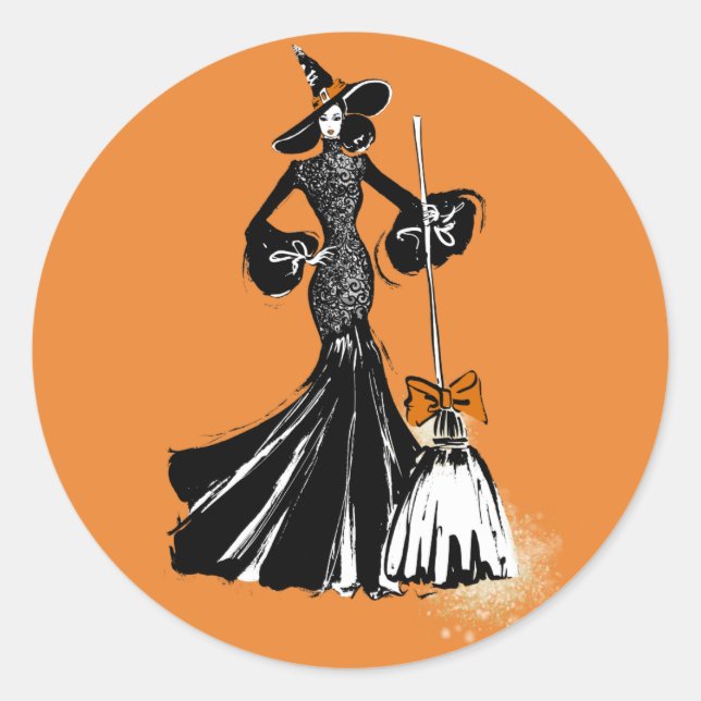 halloween fashionillustration with a broom classic round sticker (Front)