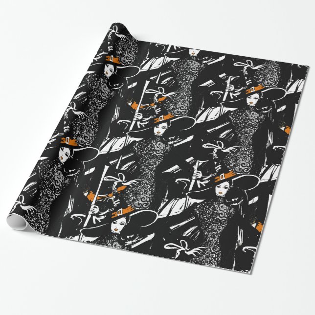 halloween fashionillustration with a broom wrapping paper (Unrolled)
