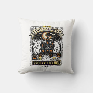 Halloween Feeling Shirt Vintage Haunted House Desi Throw Pillow