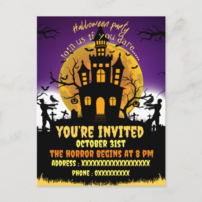 Halloween fête maison d'effroi noir invitation (Devant)