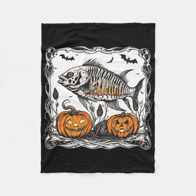 Halloween Fish Skeleton Funny Spooky Fish Bone Gra Fleece Blanket (Front)