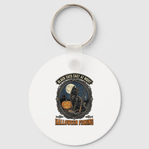 Halloween Fishing Cat Vintage Pumpkin Design_1 Keychain