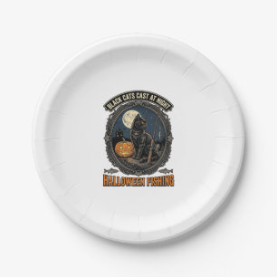 Halloween Fishing Cat Vintage Pumpkin Design_1 Paper Plate