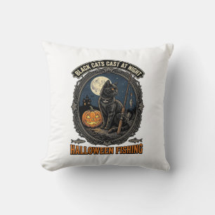 Halloween Fishing Cat Vintage Pumpkin Design_1 Throw Pillow