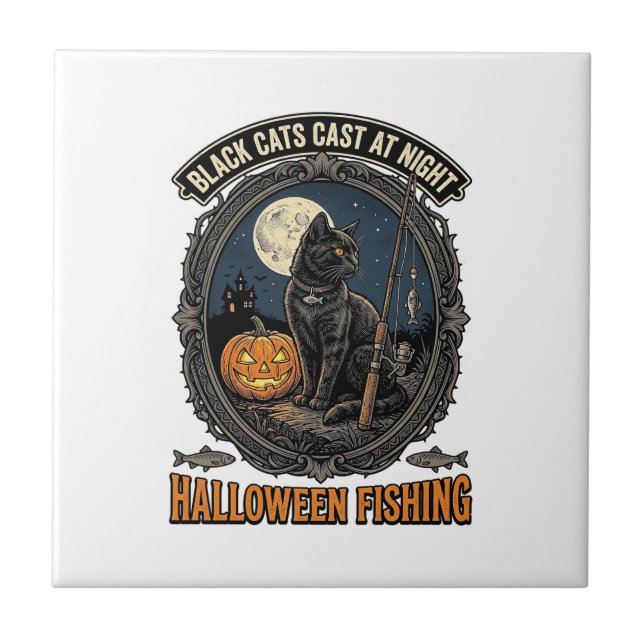 Halloween Fishing Cat Vintage Pumpkin Design_1 Tile (Front)