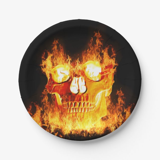 Halloween Flaming Skull Paper Plate (Front)