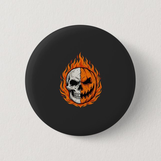 Halloween Flaming Skull Pumpkin Split Face Design 2 Inch Round Button (Front)