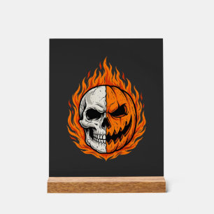 Halloween Flaming Skull Pumpkin Split Face Design Acrylic Sign