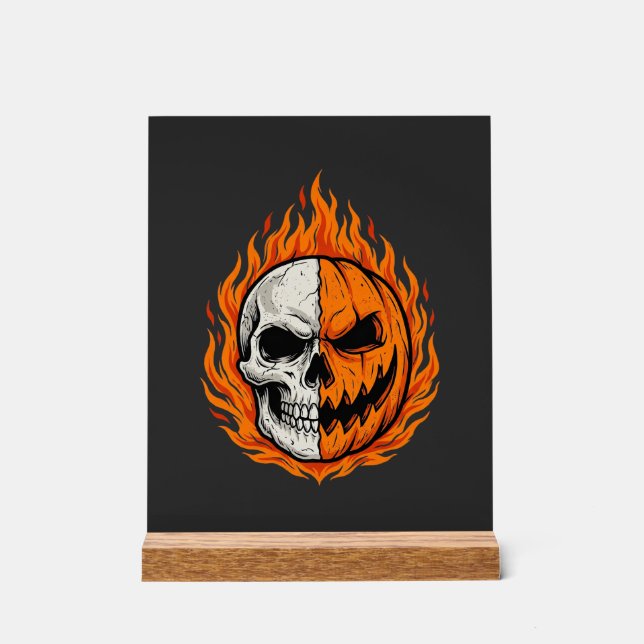 Halloween Flaming Skull Pumpkin Split Face Design Acrylic Sign (Front)