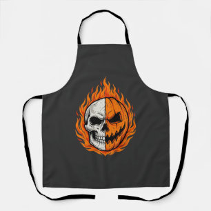 Halloween Flaming Skull Pumpkin Split Face Design Apron