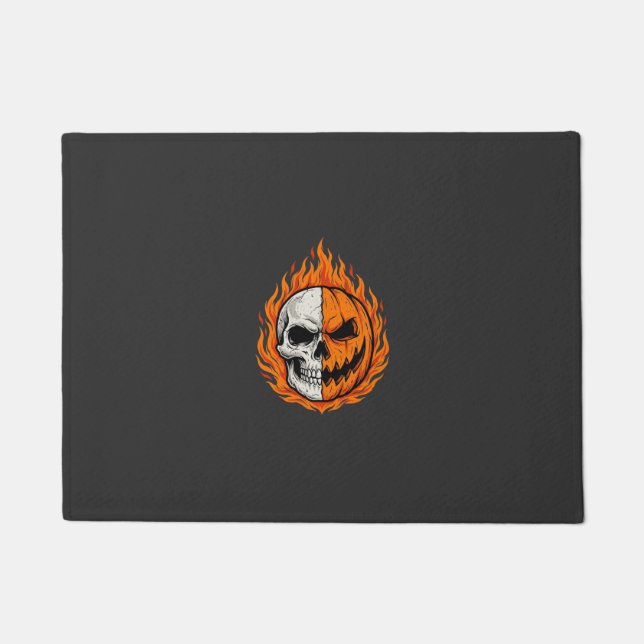 Halloween Flaming Skull Pumpkin Split Face Design Doormat (Front)