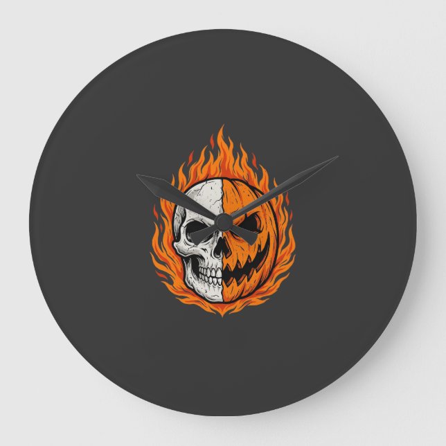 Halloween Flaming Skull Pumpkin Split Face Design Large Clock (Front)