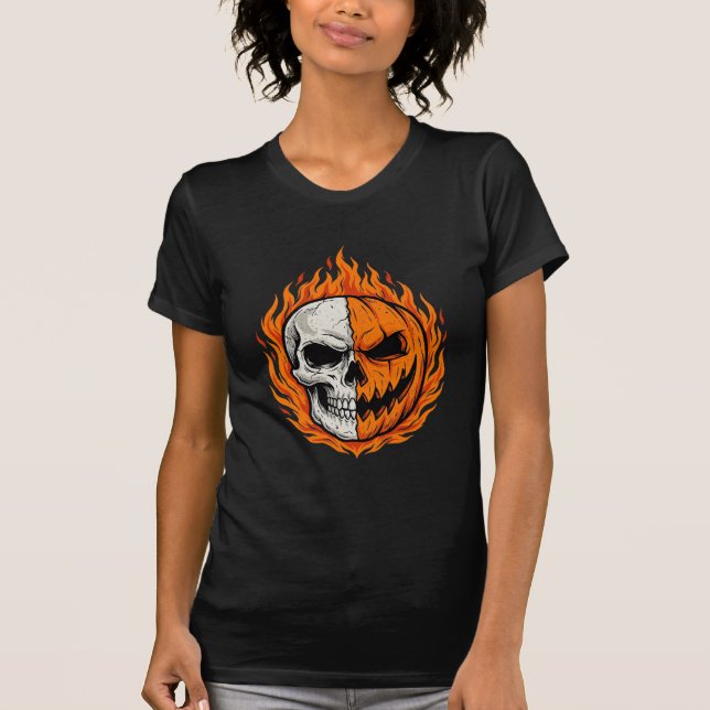 Halloween Flaming Skull Pumpkin Split Face Design T-Shirt (Front)