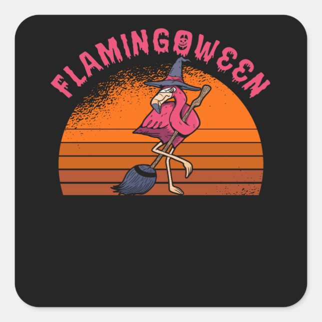Halloween Flamingo Flamingoween Witch Broom Retro Square Sticker (Front)