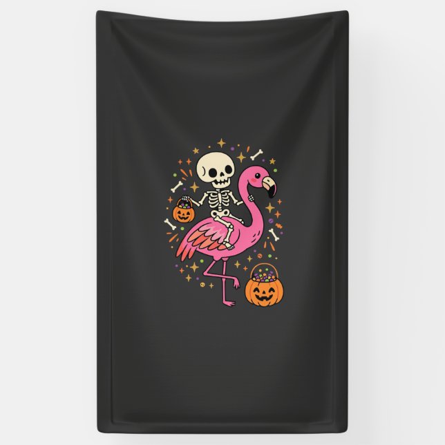 Halloween Flamingo Skeleton Candy Bucket Vector De Banner (Vertical)