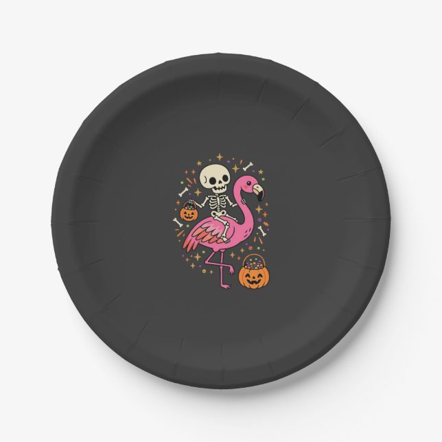 Halloween Flamingo Skeleton Candy Bucket Vector De Paper Plate (Front)