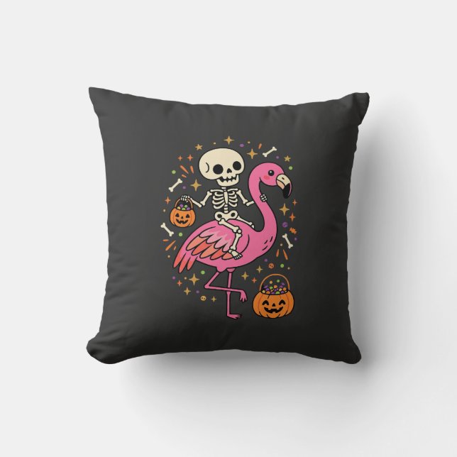 Halloween Flamingo Skeleton Candy Bucket Vector De Throw Pillow (Front)