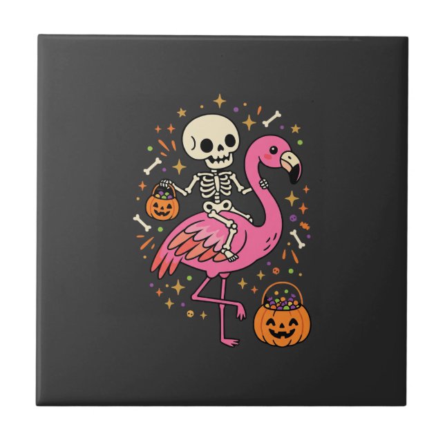 Halloween Flamingo Skeleton Candy Bucket Vector De Tile (Front)