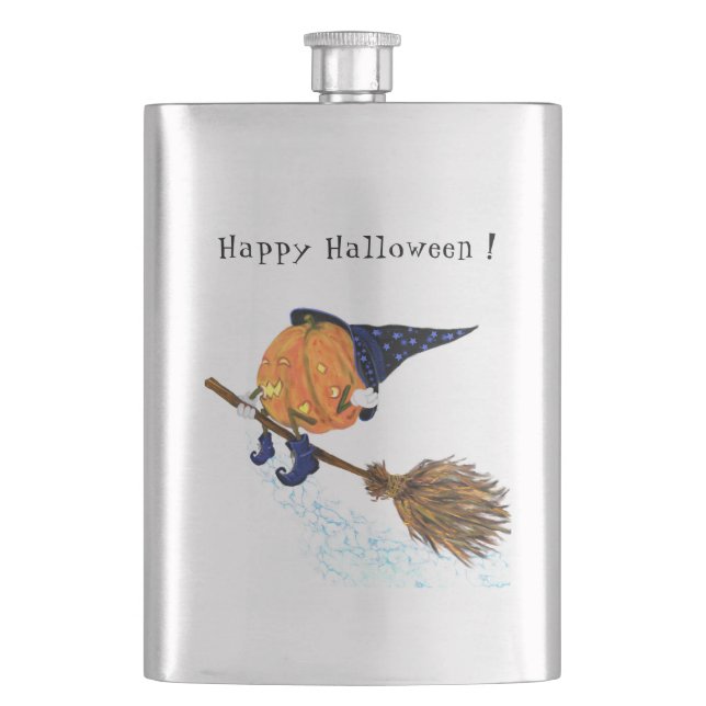 Halloween Flask Witch Pumpkin Flying Broom (Front)