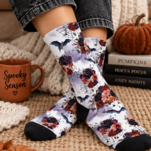 Halloween Floral Bat Watercolor Socks