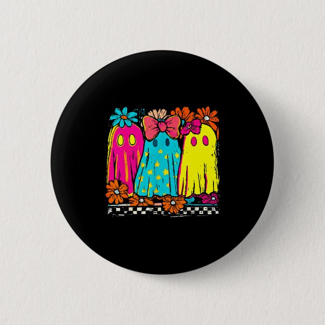 Halloween Floral Boo Ghost Cute Girly Bow Soky Vib 2 Inch Round Button (Front)