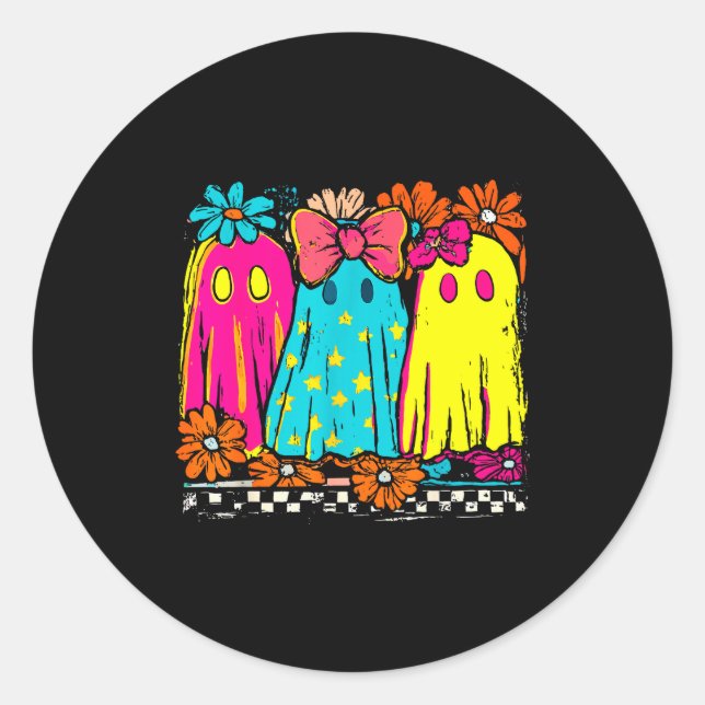 Halloween Floral Boo Ghost Cute Girly Bow Soky Vib Classic Round Sticker (Front)