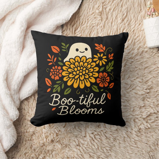 Halloween Floral Ghost  - Fall Flowers Spooky Throw Pillow (Blanket)