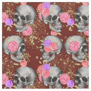 Halloween Floral Roses Scary Creepy Skull Glitter Fabric