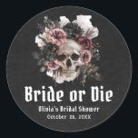Halloween Floral Skull Bride or Die Bridal Shower Classic Round Sticker<br><div class="desc">This bold and gothic "Bride or Die" sticker features a striking floral skull design, perfect for adding a spooky, romantic vibe to your Halloween-themed bridal shower. Ideal for sealing favour bags, decorating invitations, or adding a dark, elegant touch to your event décor. The unique design blends gothic romance with Halloween...</div>