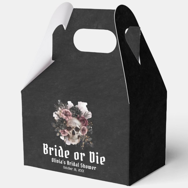 Halloween Floral Skull Bride or Die Bridal Shower Favor Box (Front)