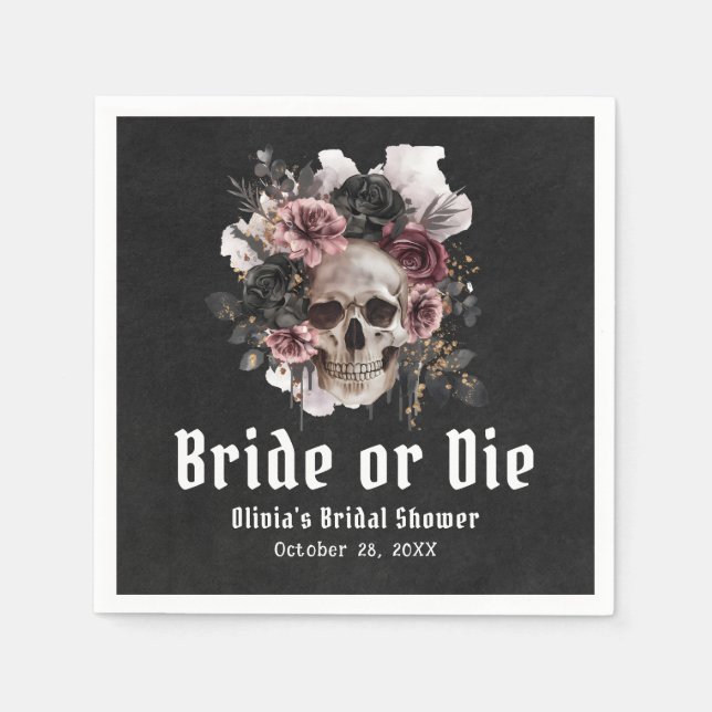 Halloween Floral Skull Bride or Die Bridal Shower Napkin (Front)