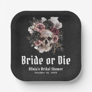 Halloween Floral Skull Bride or Die Bridal Shower Paper Plate