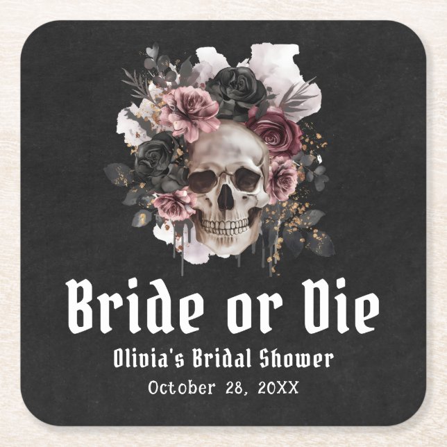 Halloween Floral Skull Bride or Die Bridal Shower Square Paper Coaster (Front)