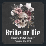 Halloween Floral Skull Bride or Die Bridal Shower Square Sticker<br><div class="desc">This bold and gothic "Bride or Die" sticker features a striking floral skull design, perfect for adding a spooky, romantic vibe to your Halloween-themed bridal shower. Ideal for sealing favour bags, decorating invitations, or adding a dark, elegant touch to your event décor. The unique design blends gothic romance with Halloween...</div>