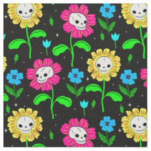 halloween floral skull flowers black fabric