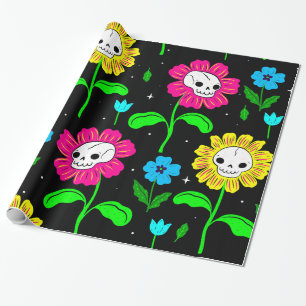 halloween floral skull flowers black wrapping paper