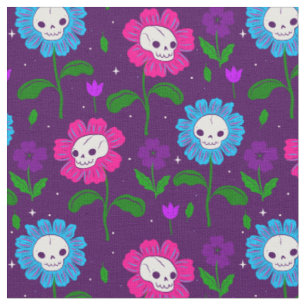 halloween floral skull flowers purple fabric